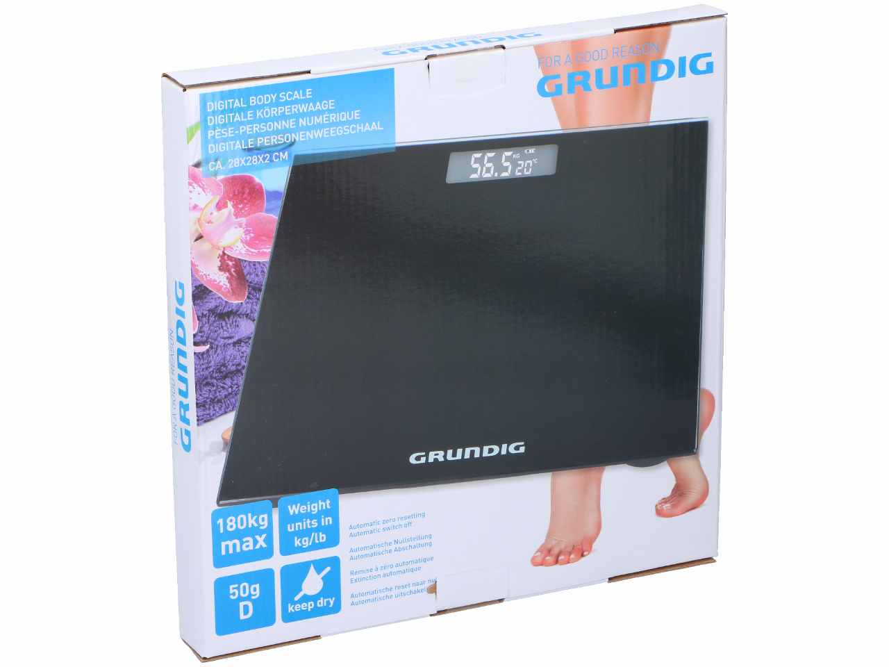 Grundig bilancia digitale pesa persone color nero in vetro e plastica abs 28x28x2,2cm max 180kg incluse 2 pile aaa