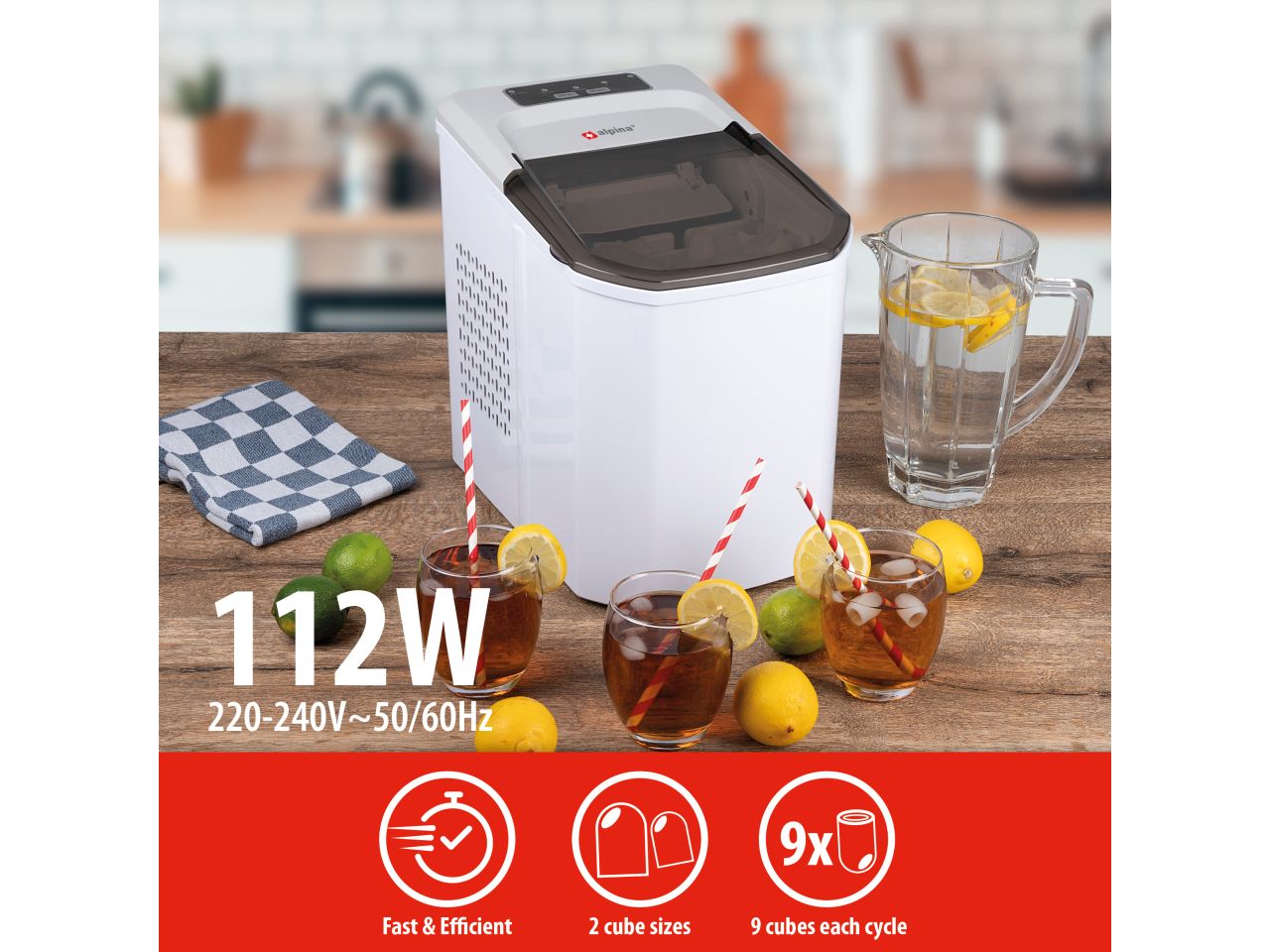 Macchina per il ghiaccio in polipropilene 220/240v 112w 12/15kg/hrs misura 31x23x32,5cm peso 7,2kg marchio alpina