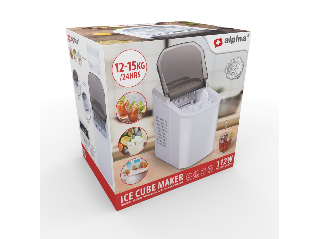 Macchina per il ghiaccio in polipropilene 220/240v 112w 12/15kg/hrs misura 31x23x32,5cm peso 7,2kg marchio alpina