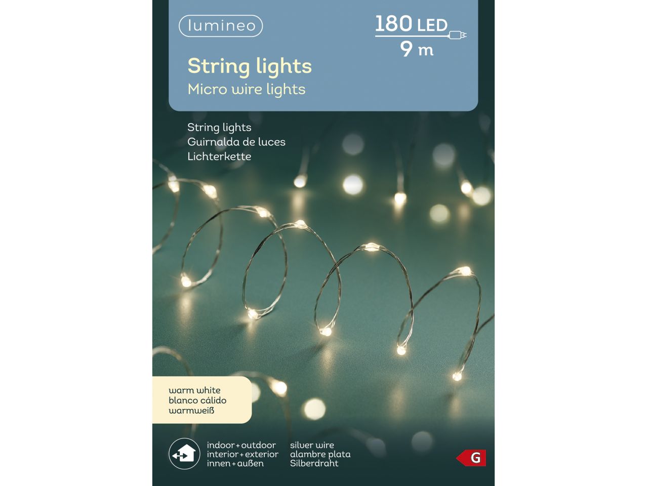 Luci natalizie micro led a stringa fisse per uso esterno colore argento bianco caldo misura lun.895cm misura del led micro numero di led 180