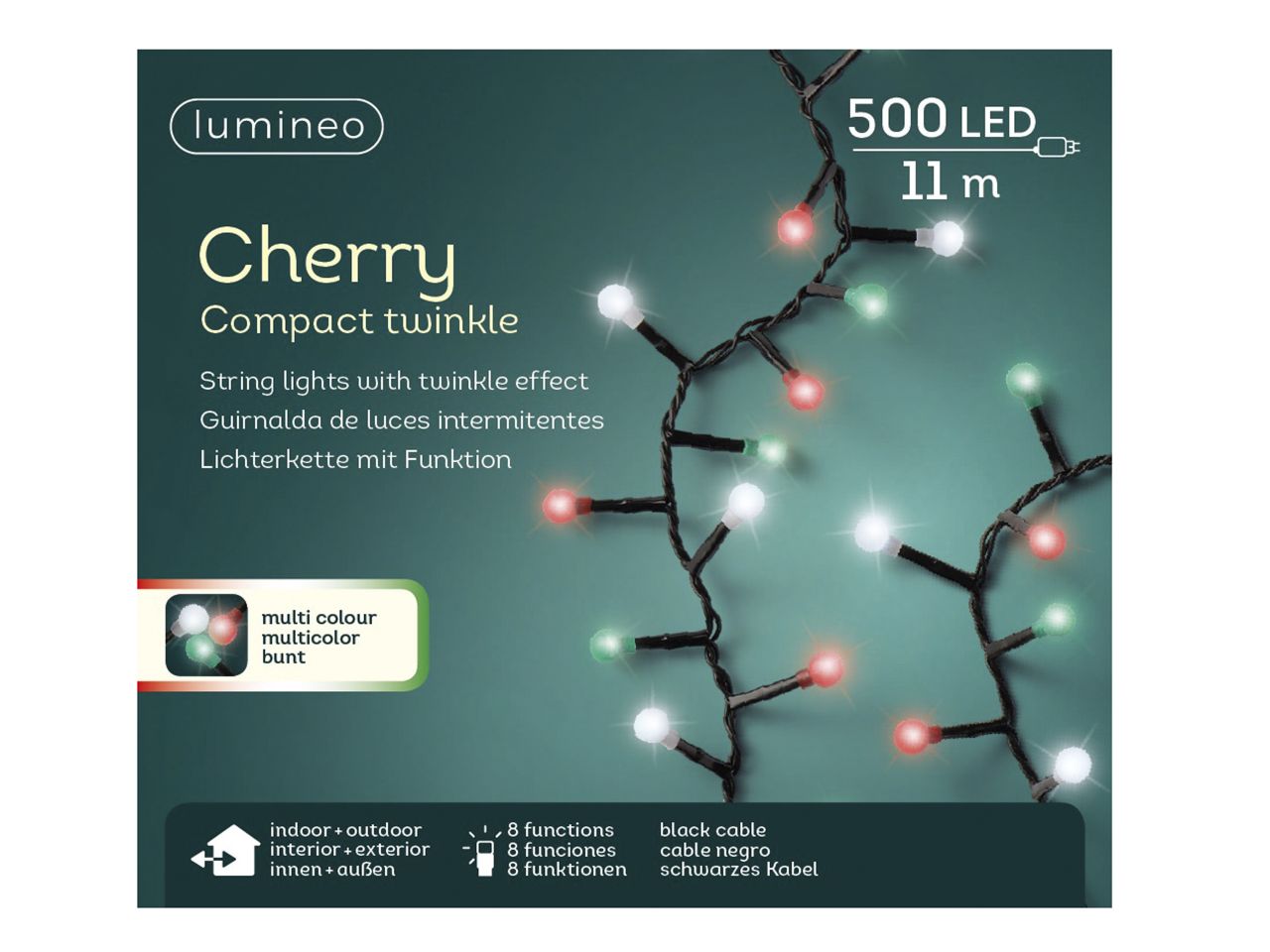Luci natalizie led a ciliegina con 8 funzioni effetto scintillio ad uso esterno colore nero rosso bianco freddo verde misura lun.1100cm misura del led 3mm numero di led 500