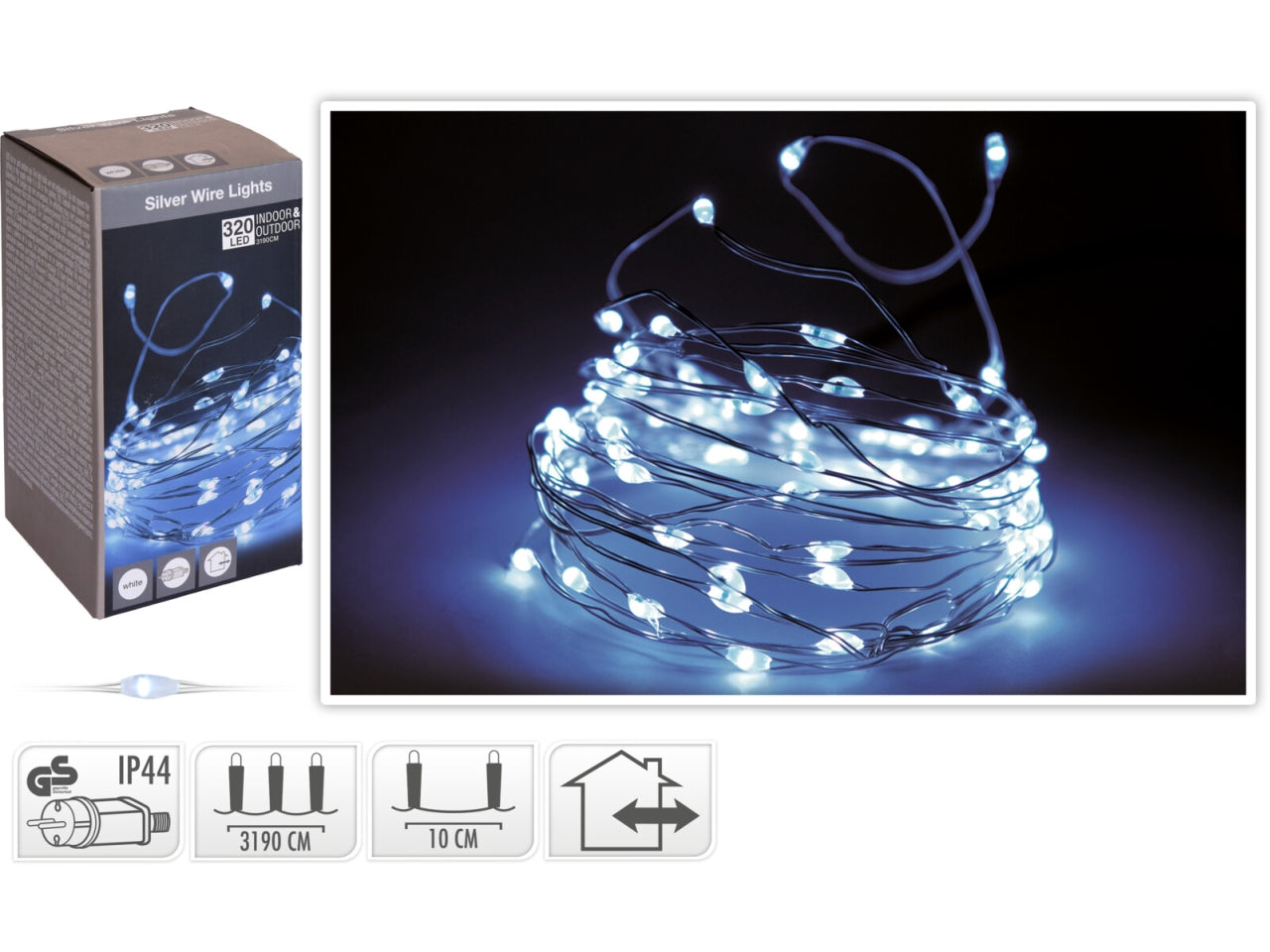 Filo metallo argento 320 microled bianco freddo, distanza led 10cm, cavo guida 3mt, per uso interno/esterno