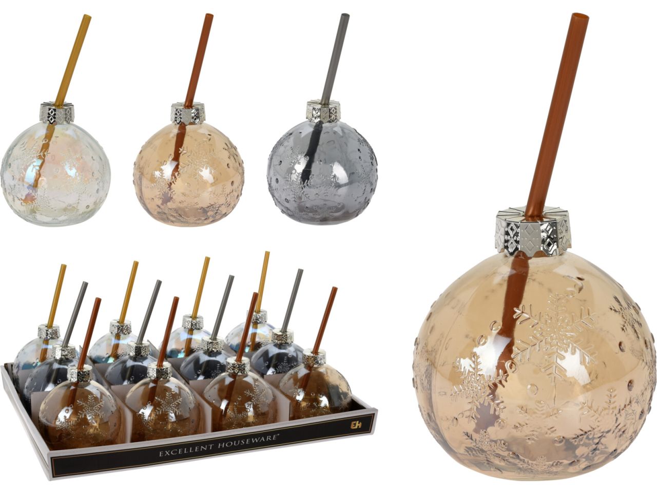 Sfera in vetro con cannuccia misura 12cm in 3 assortimenti