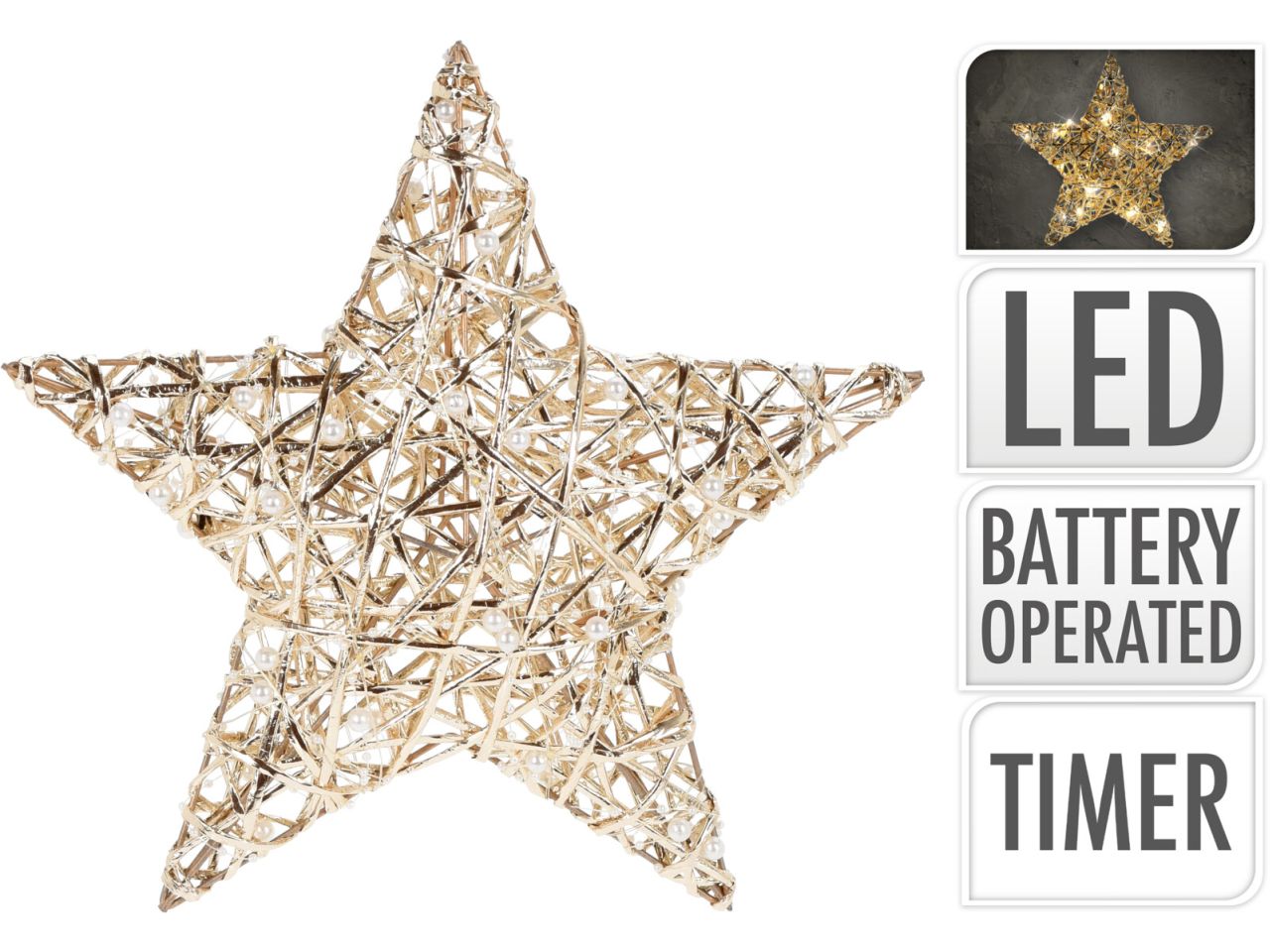 Stella colore oro con perle misura 30cm con 20 led a batteria
