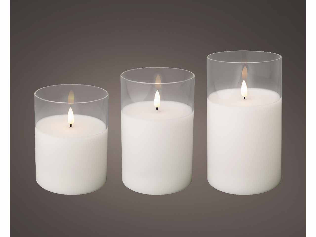 Candele bianche set da 3 pezzi led bianco caldo in bicchiere di vetro h.12,5-15-17,5cmxd.10cm