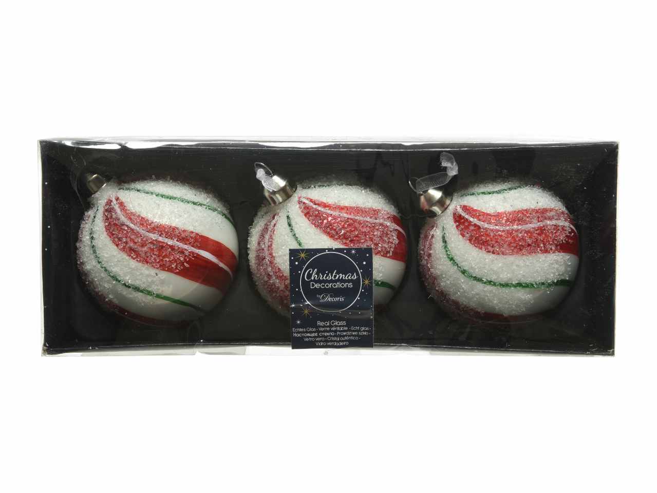 Sfera in vetro d.8cm rosso, bianco e verde. confezione contenente 3 pezzi