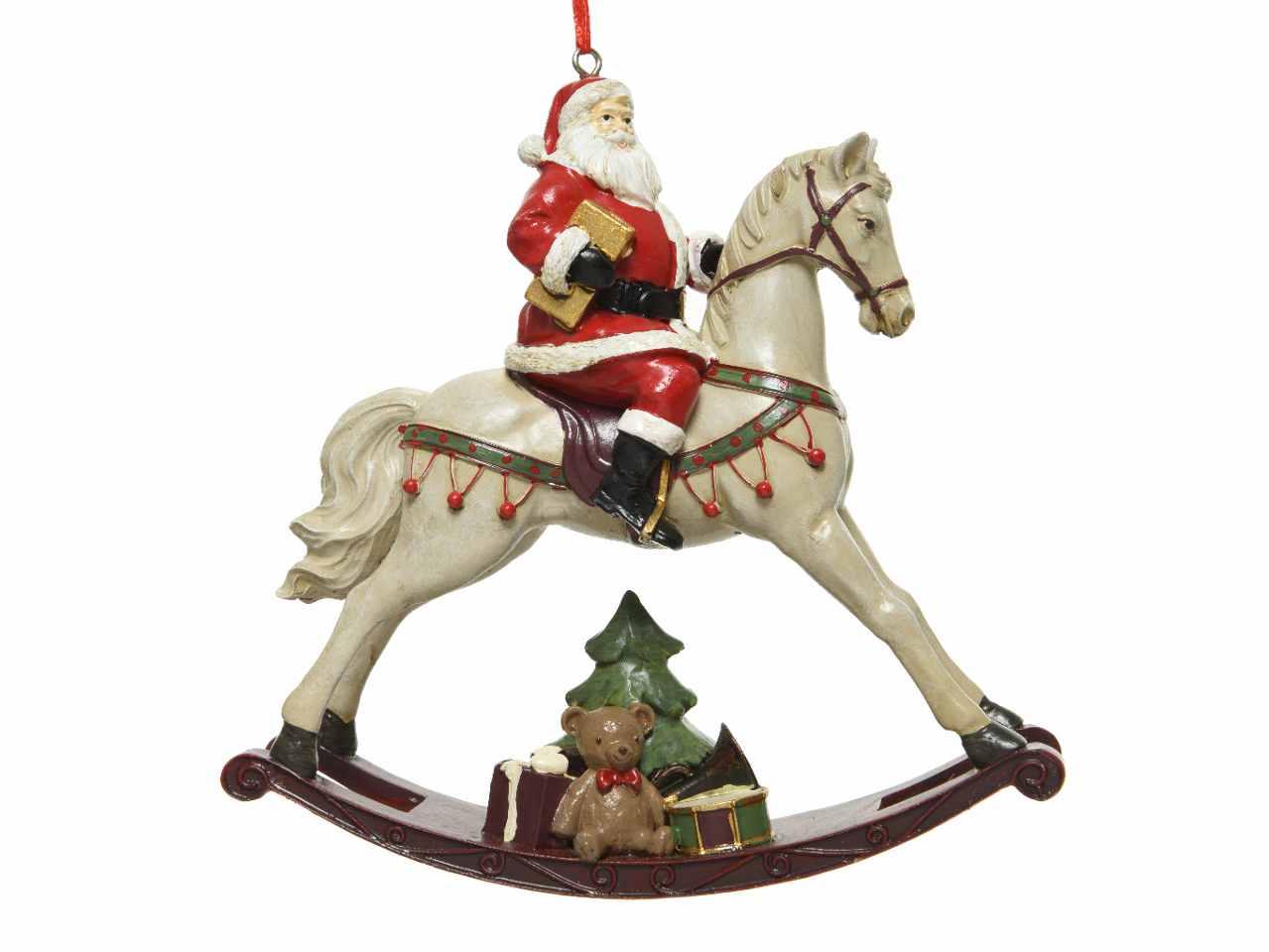 Babbo natale in poliresina su cavallo a dondolo 4,3x14x13,9cm rosso