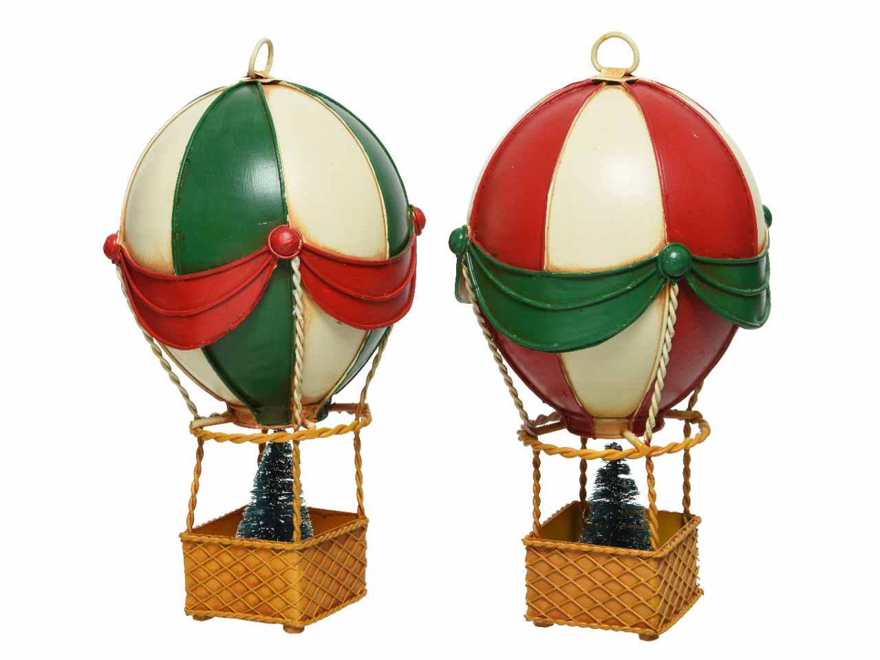 Mongolfiera in latta 12,5x12,5x24 rossa, verde e bianca
