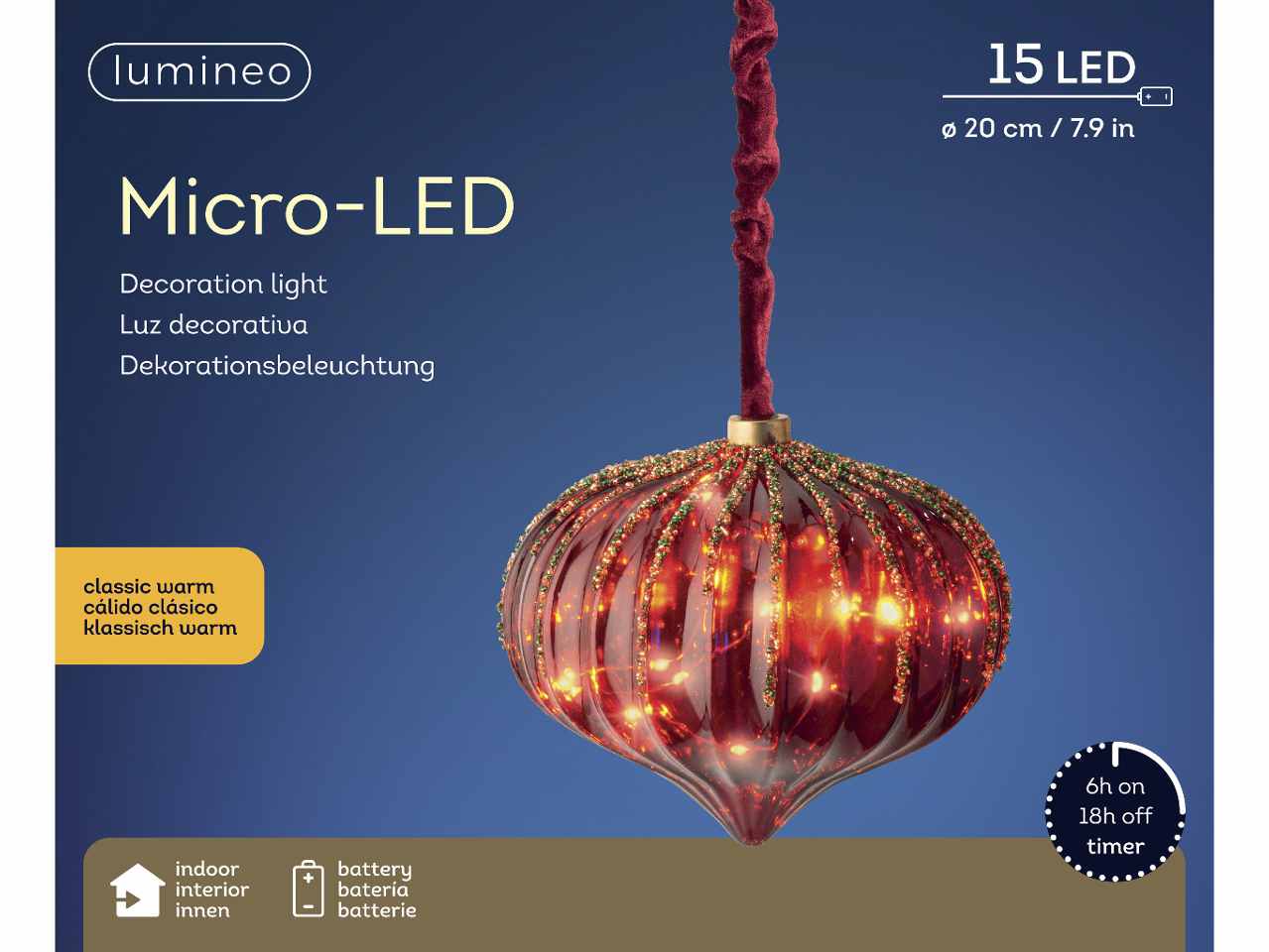 Sfera con microled bianco caldo 21xd.20cm rosso con funzionamento a batteria e uso interno da appendere