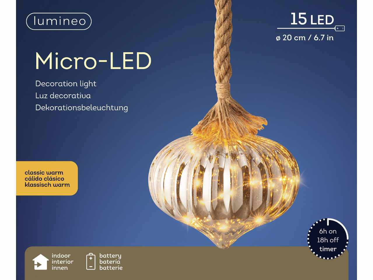 Sfera con microled bianco caldo 21xd.20cm oro con funzionamento a batteria e uso interno da appendere
