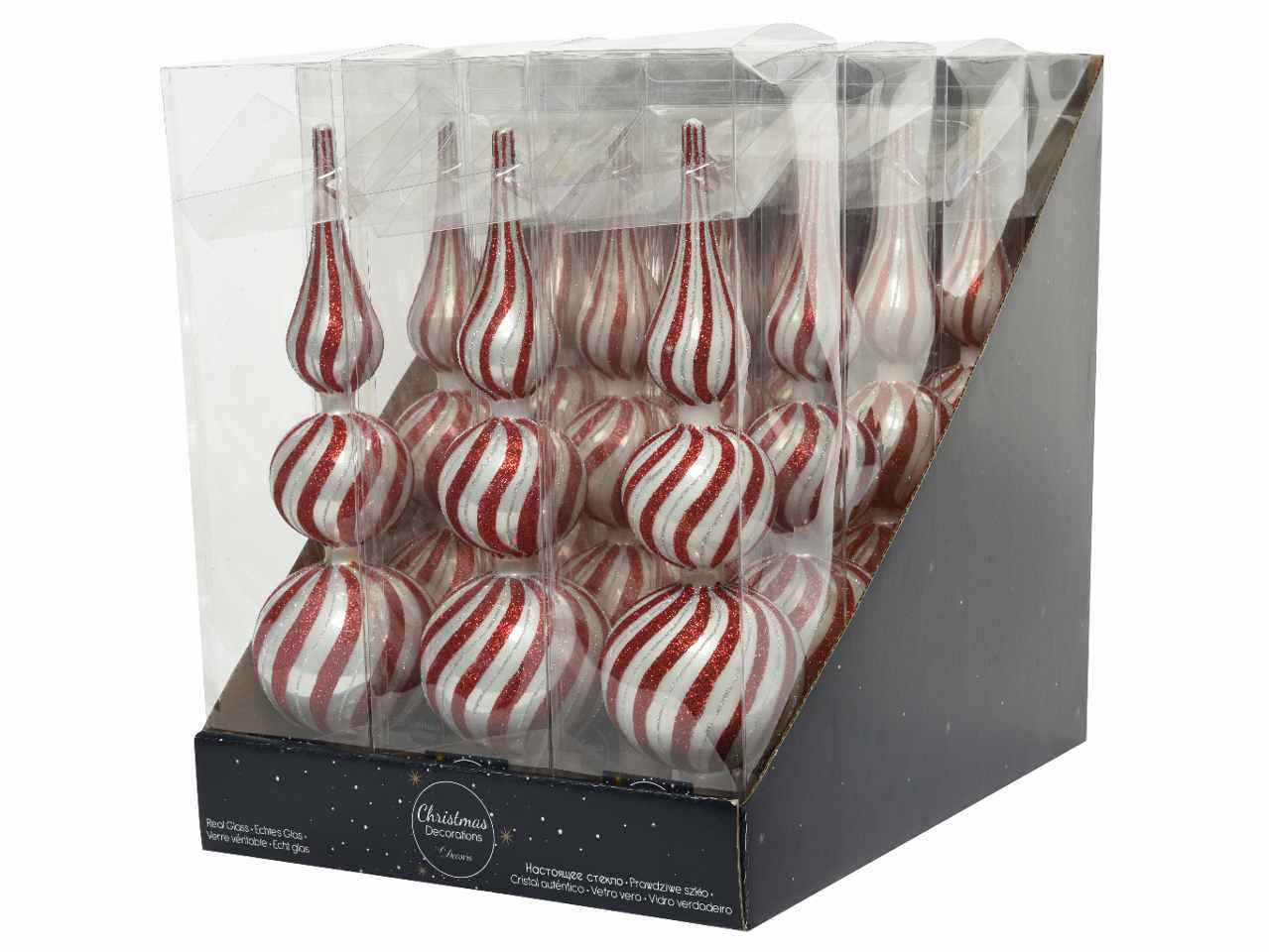 Puntale in vetro con glitter 8x8x31cm bianco e rosso