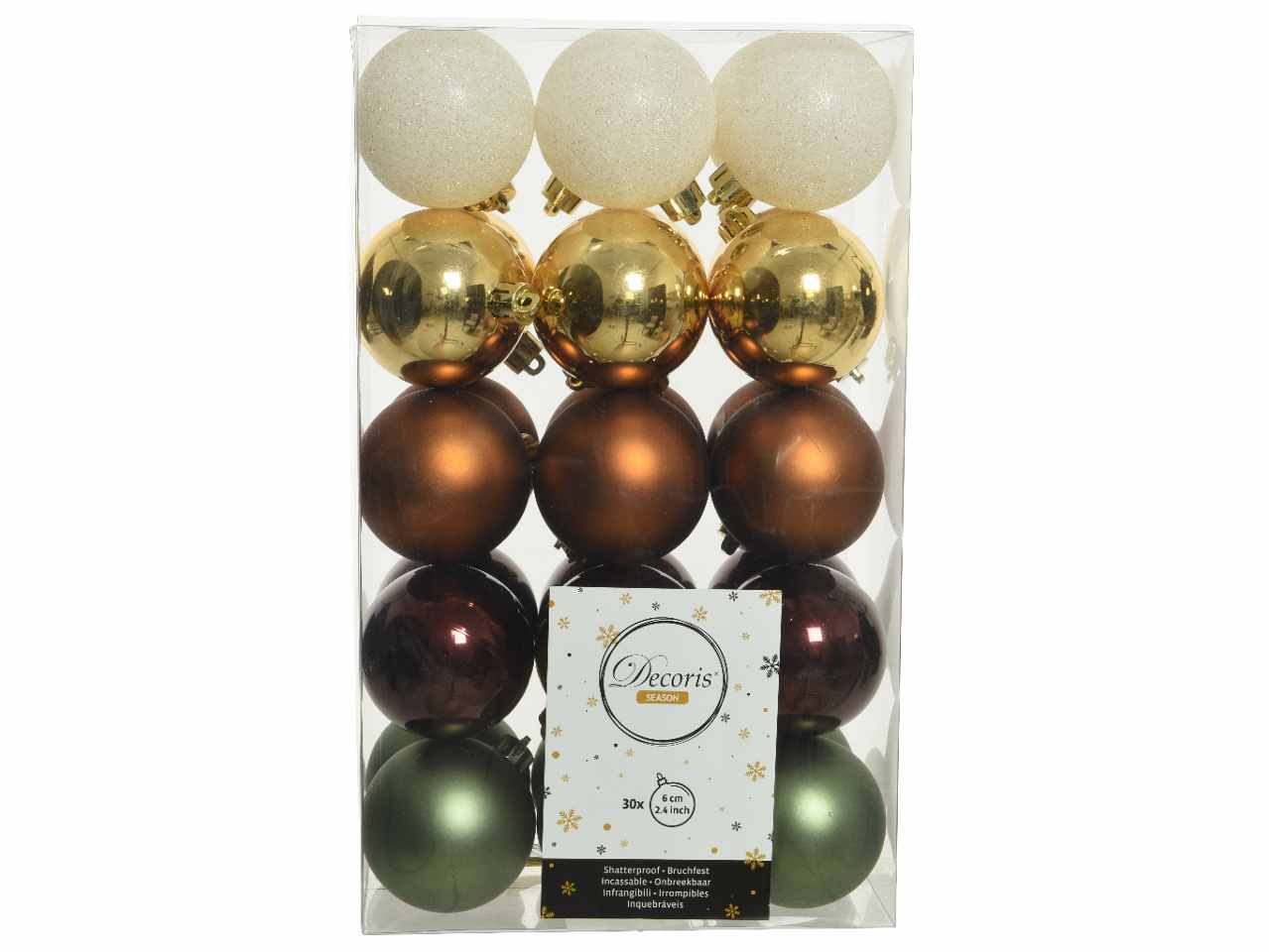 Sfera d.6cm 30 pezzi nei colori bianco , oro , verde