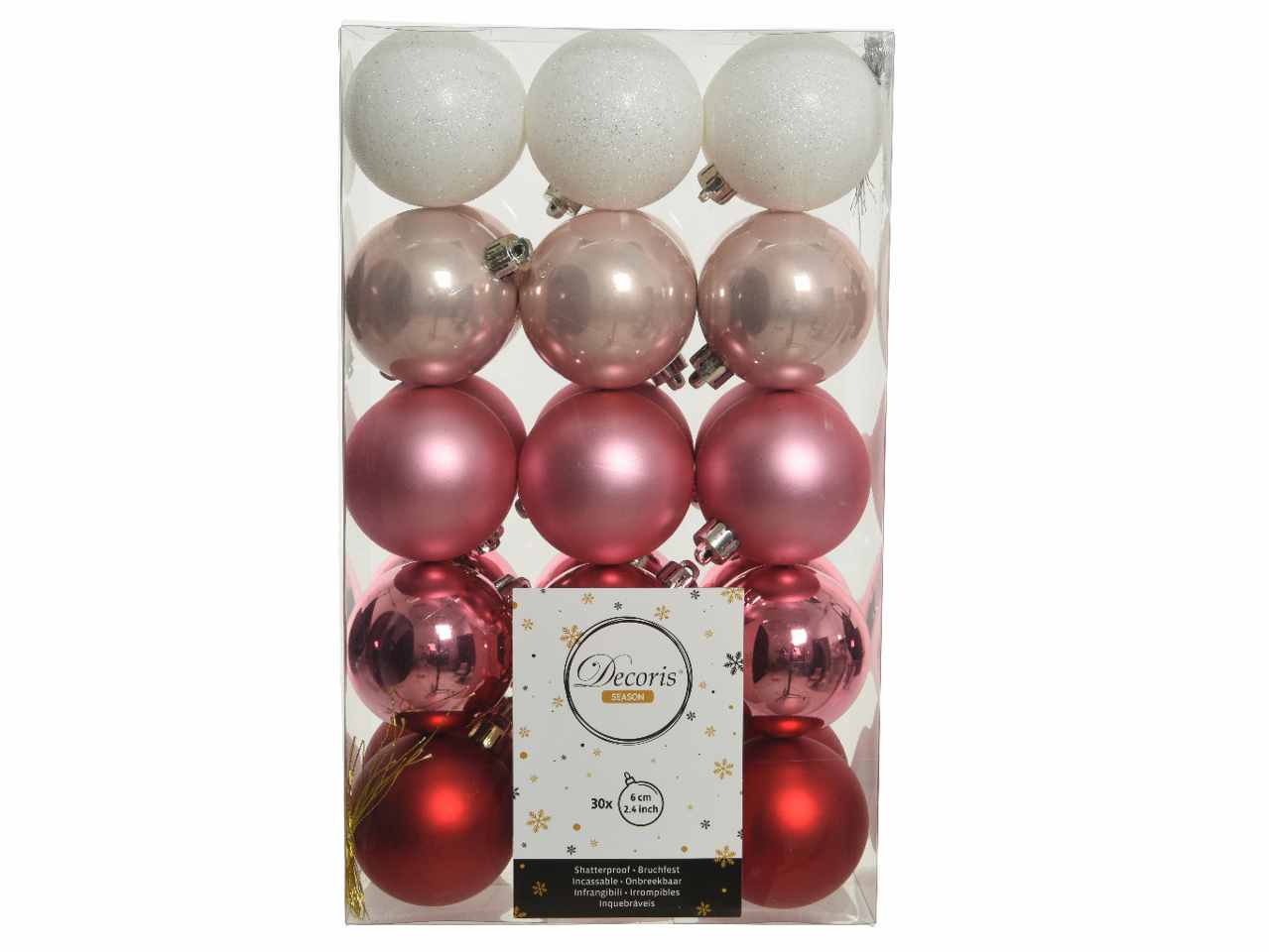 Sfera d.6cm 30pz nei colori bianco, rosa e rossa