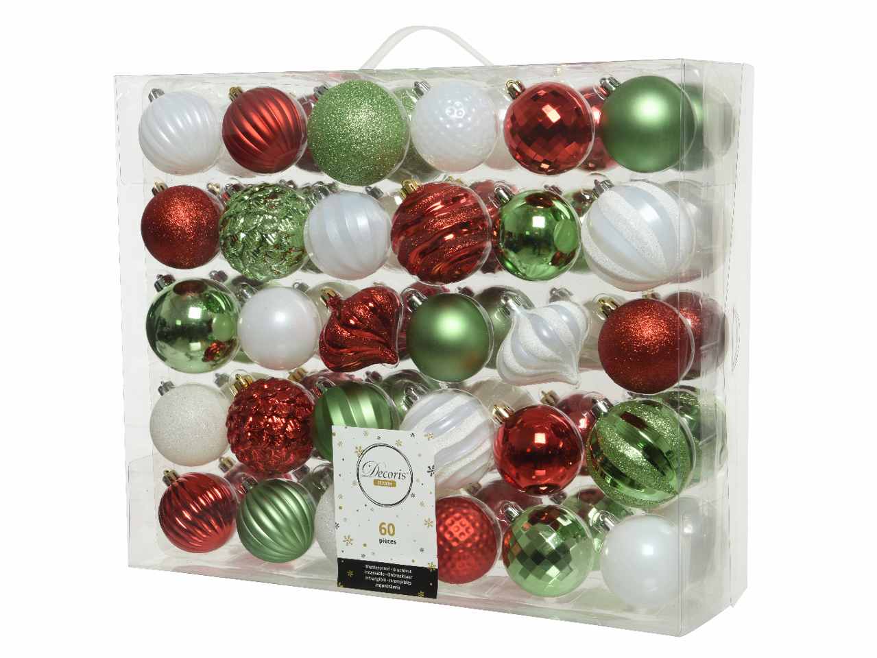 Sfera d.7cm 60 pezzi nei colori bianco, rosso e verde
