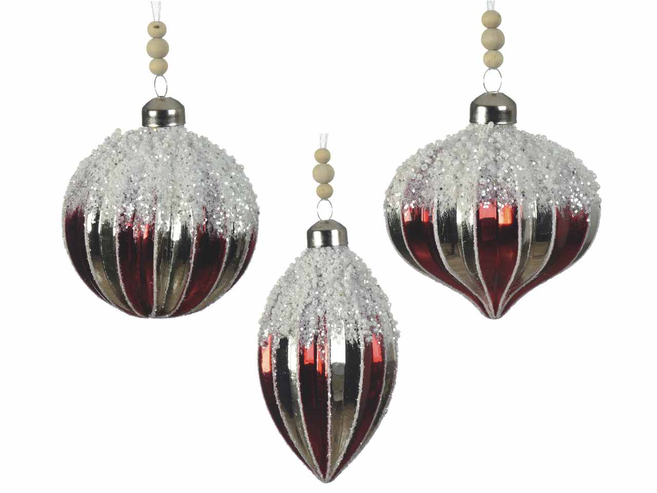 Sfera in vetro d.8cm rosso e bianco con glitter