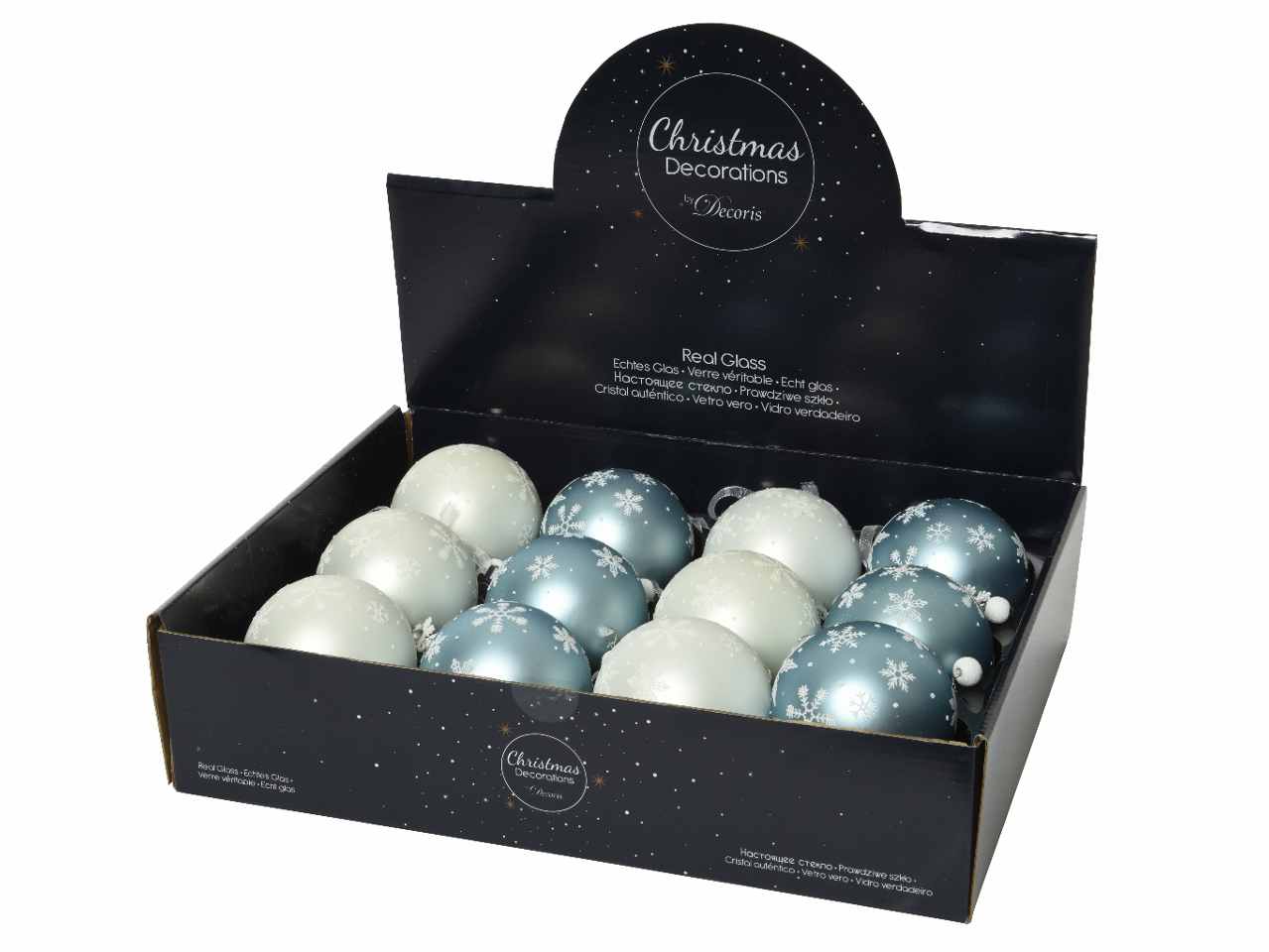 Sfera in vetro opaco d.8cm con pendente nei colori blu e bianco