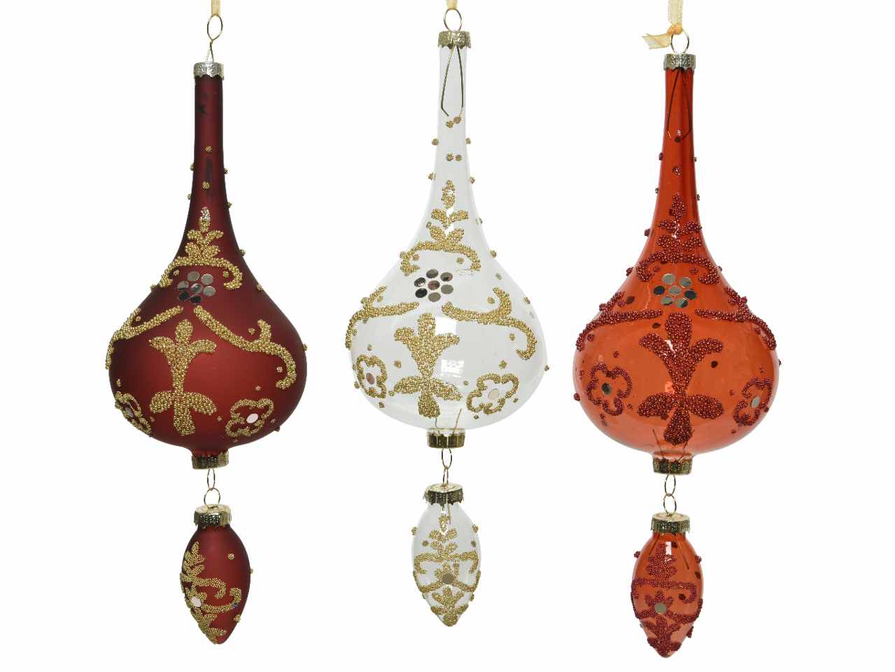 Pendente 25cm d.8,5cm con pendente in vetro trasparente lucido e opaco con glitter nei colori rosso e bianco