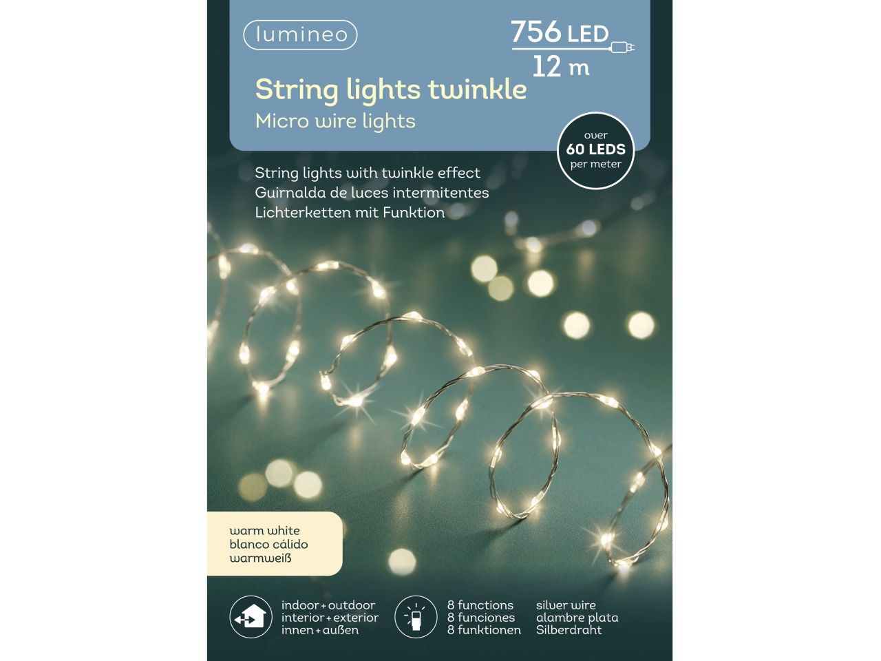 Luci natalizie micro led extra dense con 8 funzioni effetto scintillio per uso esterno colore argento bianco caldo misura lun.1200cm misura del led micro numero di led 756