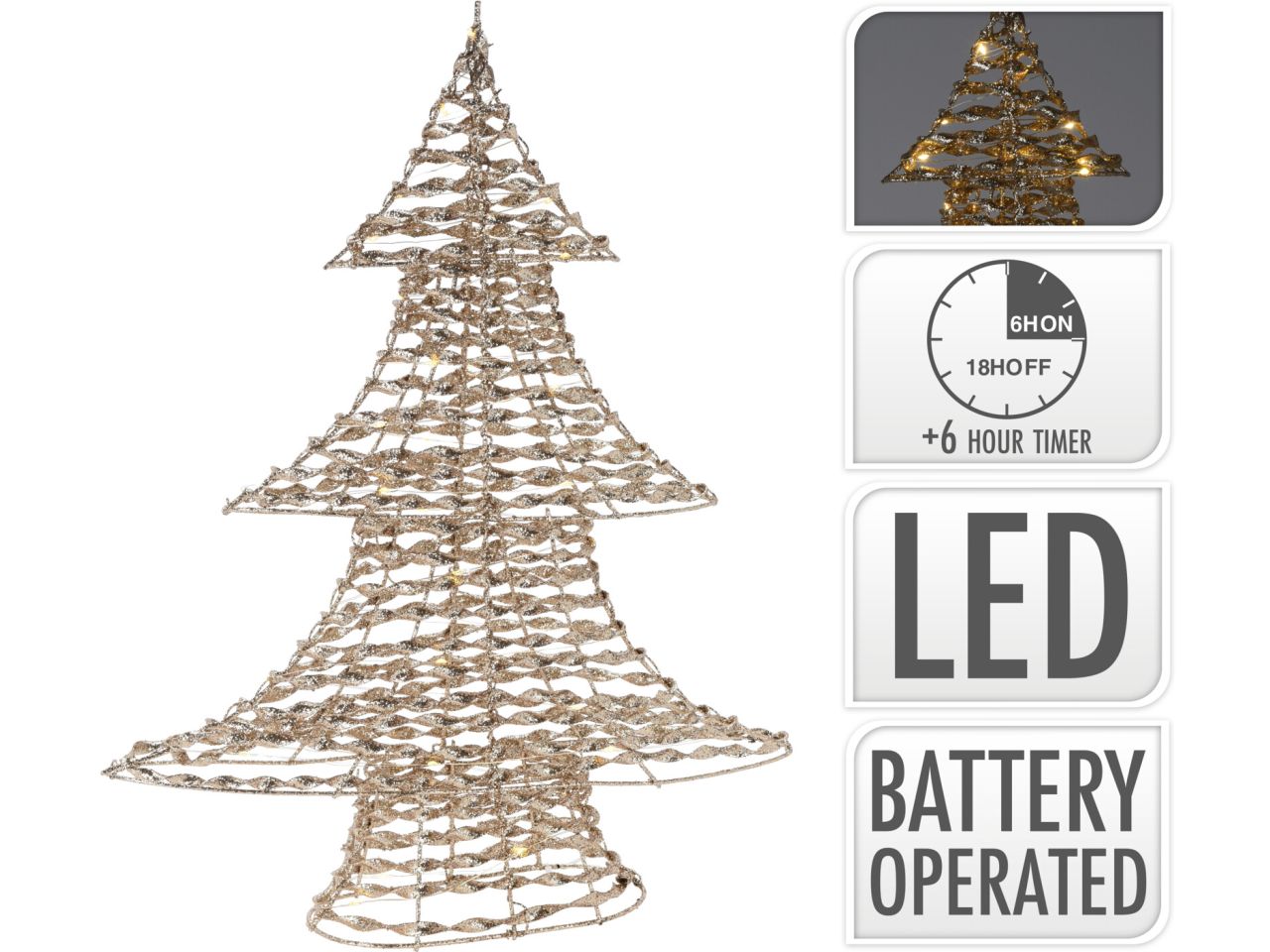 Albero di natale misura 48cm con 40 led colore glitter oro a batteria