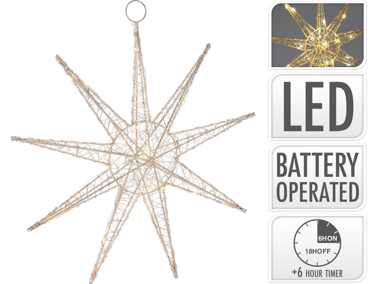 Stella pendente con led misura 30x30xm colore oro a batteria