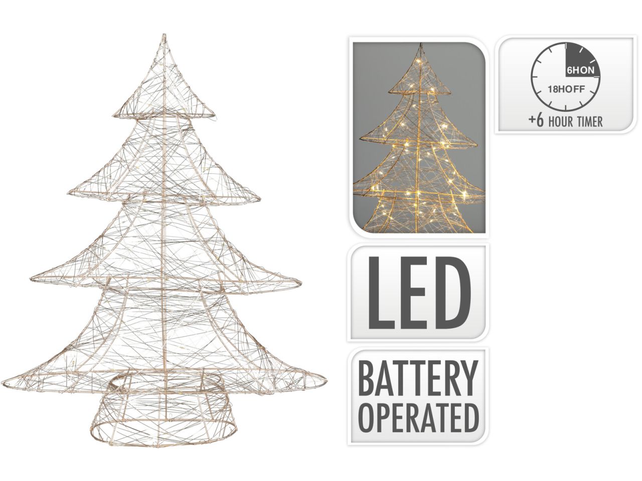 Albero di natale misura 60cm con led bianco caldo colore oro a batteria