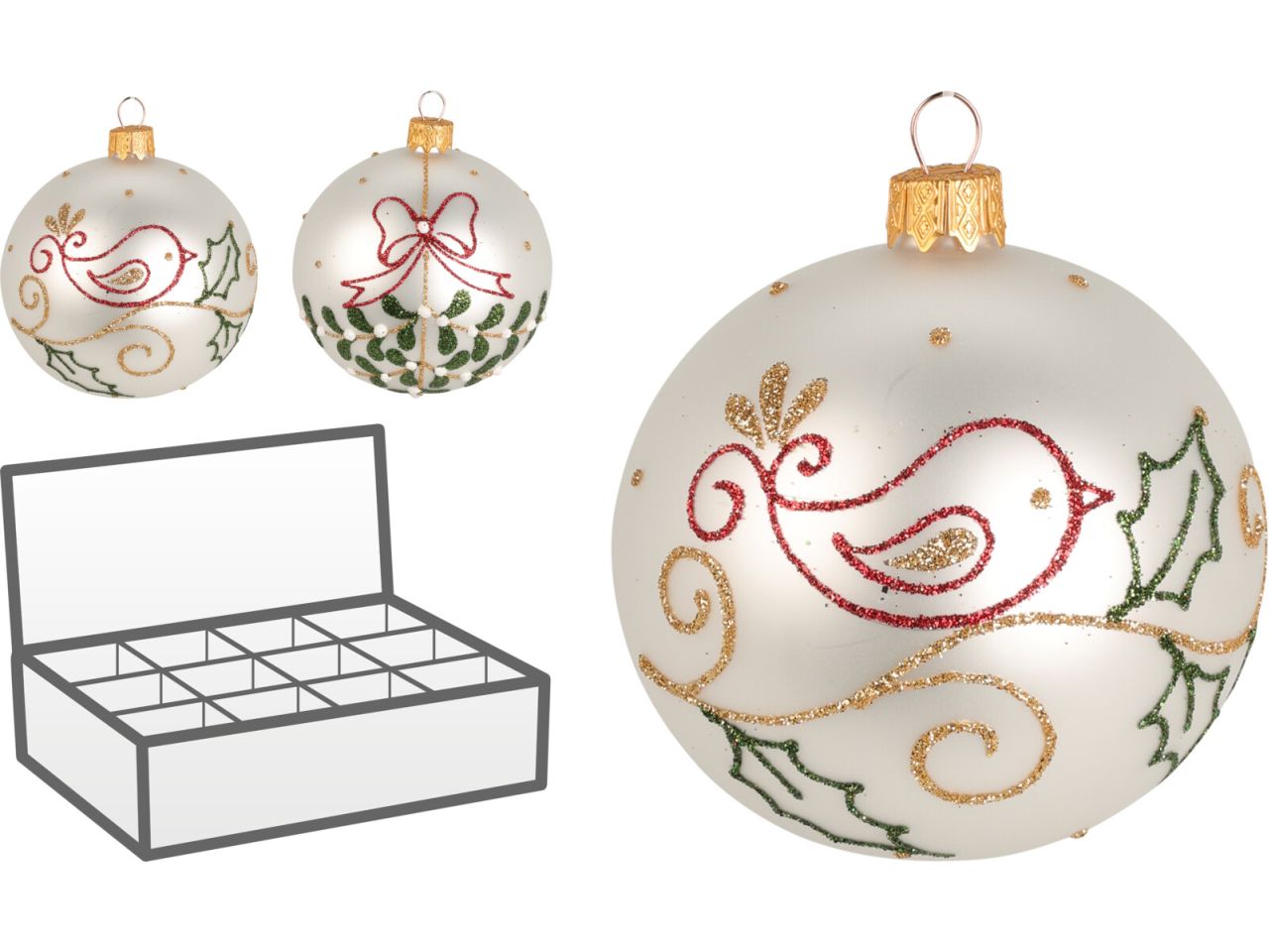 Palla di natale in vetro con decorazione glitterata misura 100mm in 2 assortimenti