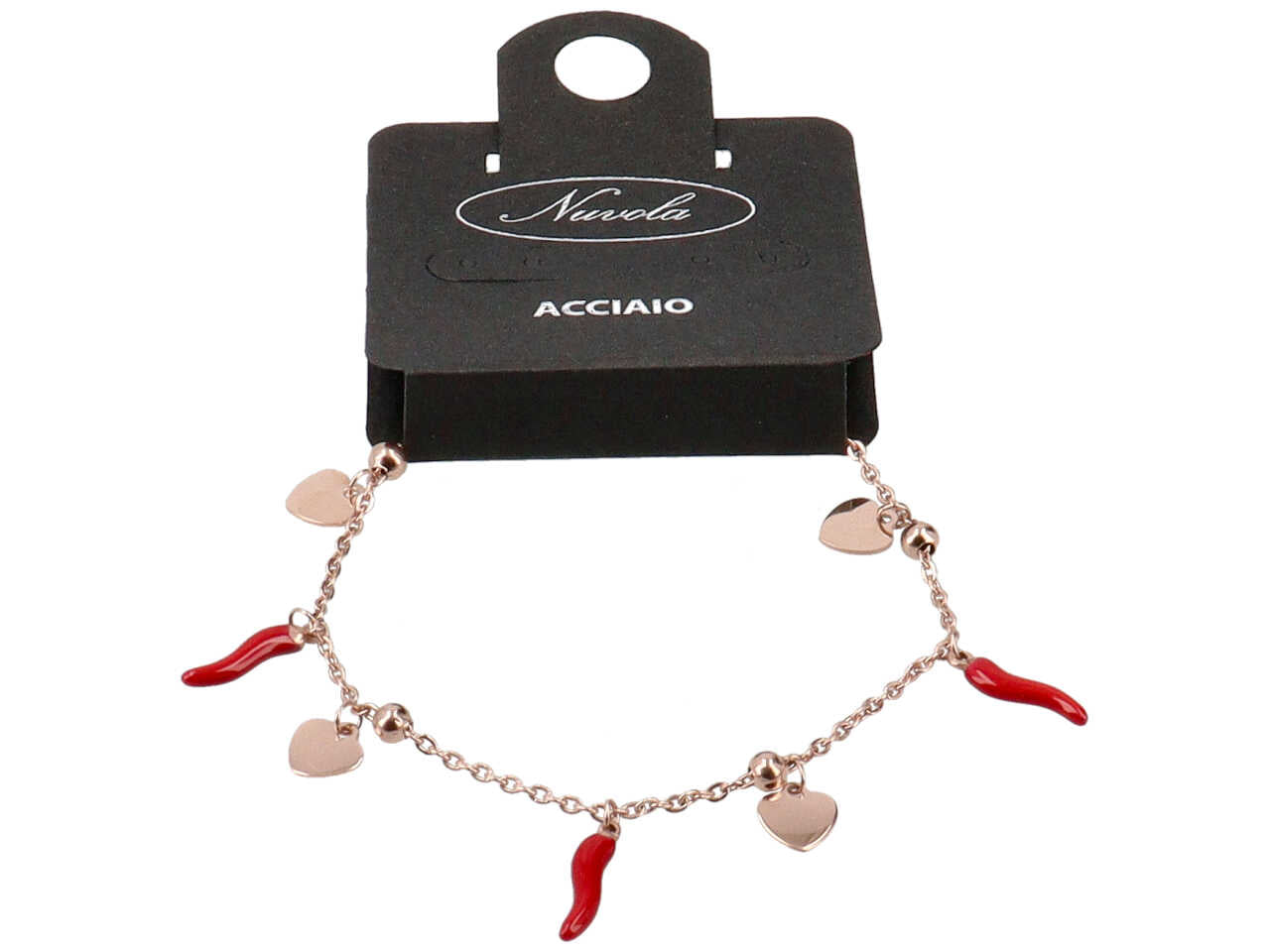 Bracciale acciaio con charme 3 corni e 4 cuori rosa