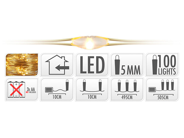 Catena filo oro 100led bianco caldo batteria