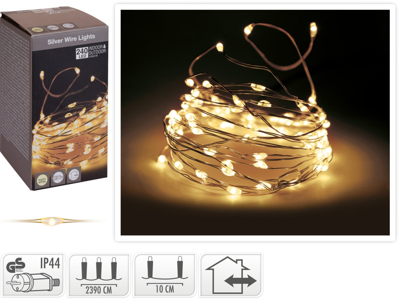 Filo metallo argento 240 microled bianco caldo, distanza led 10cm, cavo guida 3mt, per uso interno/esterno