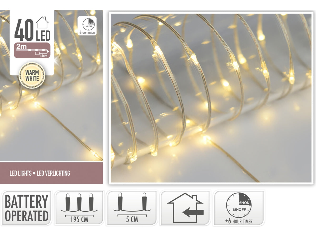 40 led bianco caldo soft wire trasparente, distanza led 5cm, cavo guiida 12cm, funzionamento a batteria (3x aa non incluse) con timer per uso interno