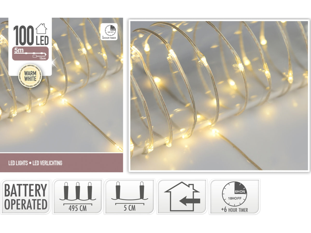100 led bianco caldo soft wire trasparente, distanza led 5cm, cavo guiida 12cm, funzionamento a batteria (3x aa non incluse) con timer per uso interno