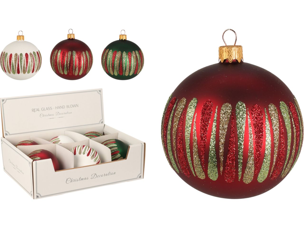 Palla di natale in vetro misura 100mm con strisce in 3 assortimenti