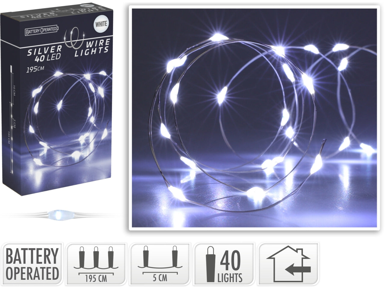 Cavo metallo argento 40 microled bianco freddo, distanza led 5cm, cavo guida 10cm, funzionamento a batteria (3x aa non incluse), per uso interno, in nuova scatola fotocolor