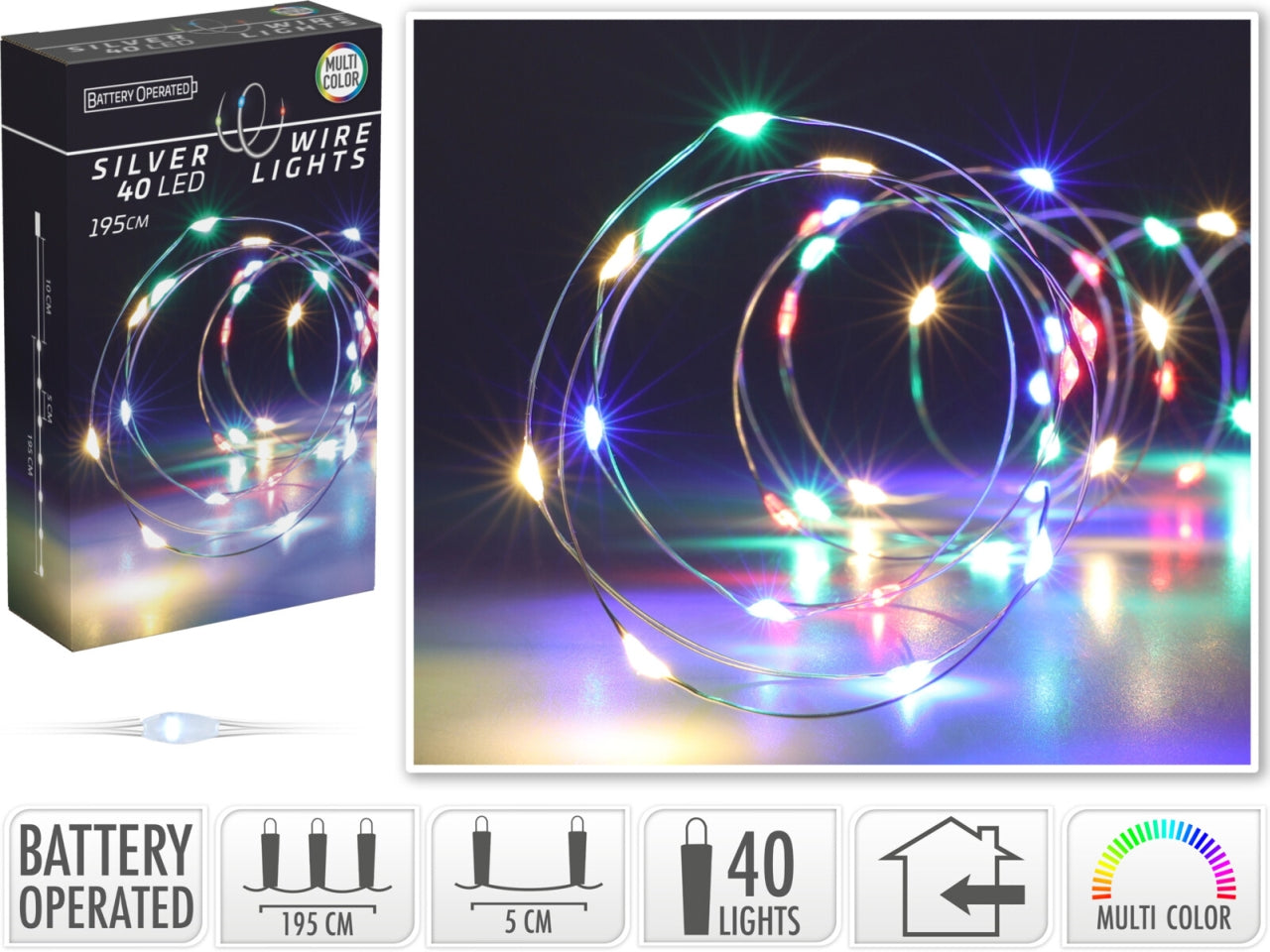 Cavo metallo argento 40 microled multicolor, distanza led 5cm, cavo guida 10cm, funzionamento a batteria (3x aa non incluse), per uso interno, in nuova scatola fotocolor