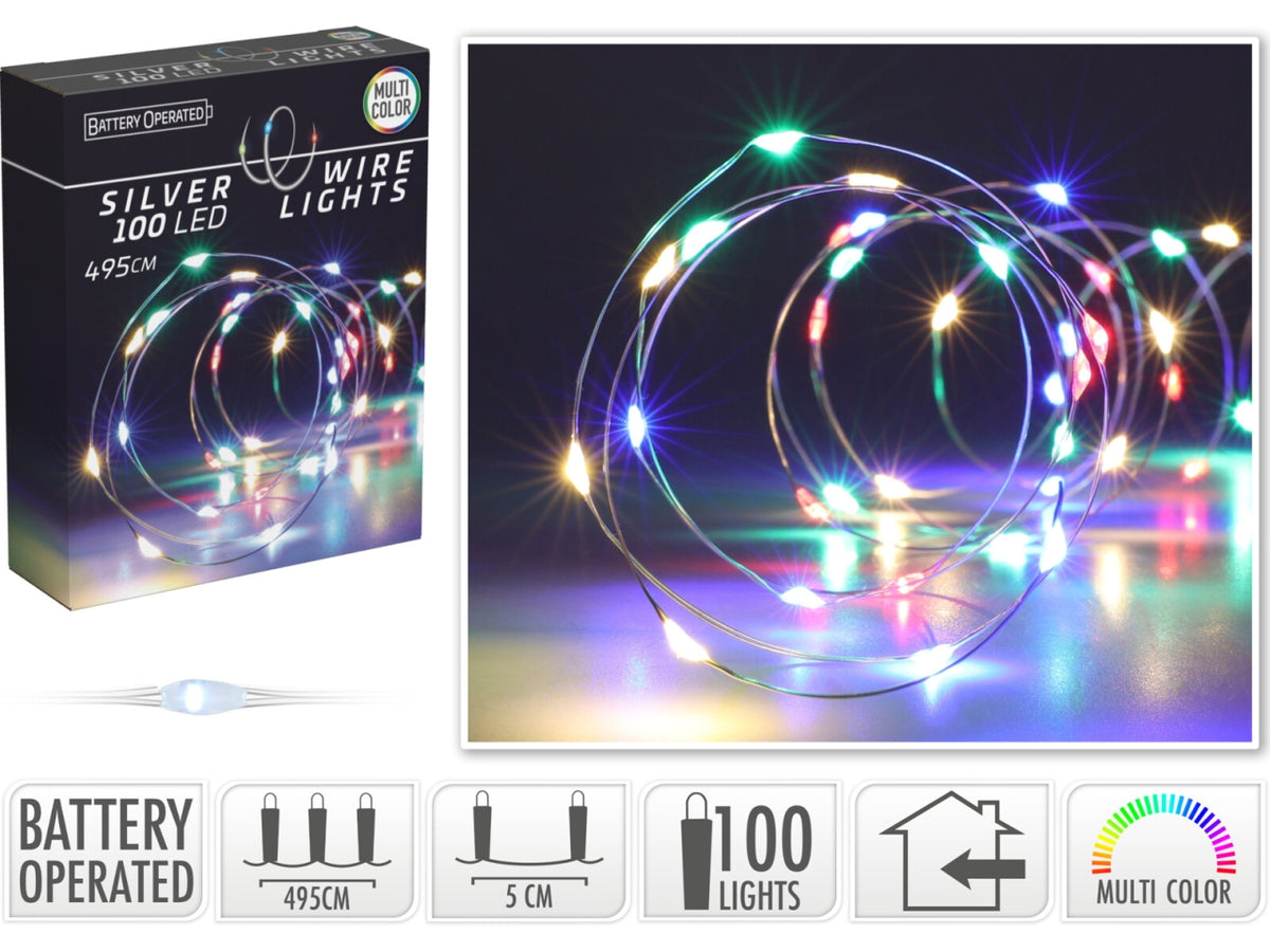 Cavo metallo argento 100 microled multicolor, distanza led 5cm, cavo guida 10cm, funzionamento a batteria (3x aa non incluse), per uso interno, in nuova scatola fotocolor
