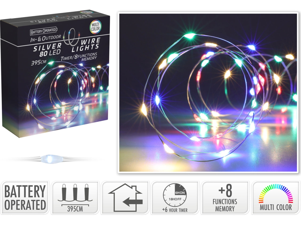 Cavo metallo argento 80 microled multicolor, distanza led 5cm, cavo guida 10cm, funzionamento a batteria (3x aa non incluse), con controller gioco luci 8 funzioni e timer per uso interno/esterno, in nuova scatola fotocolor e display con try me