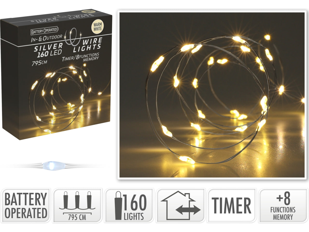 Cavo metallo argento 160 microled caldo freddo, distanza led 5cm, cavo guida 10cm, funzionamento a batteria (3x aa non incluse), con controller gioco luci 8 funzioni e timer per uso interno/esterno, in nuova scatola fotocolor e display con try me