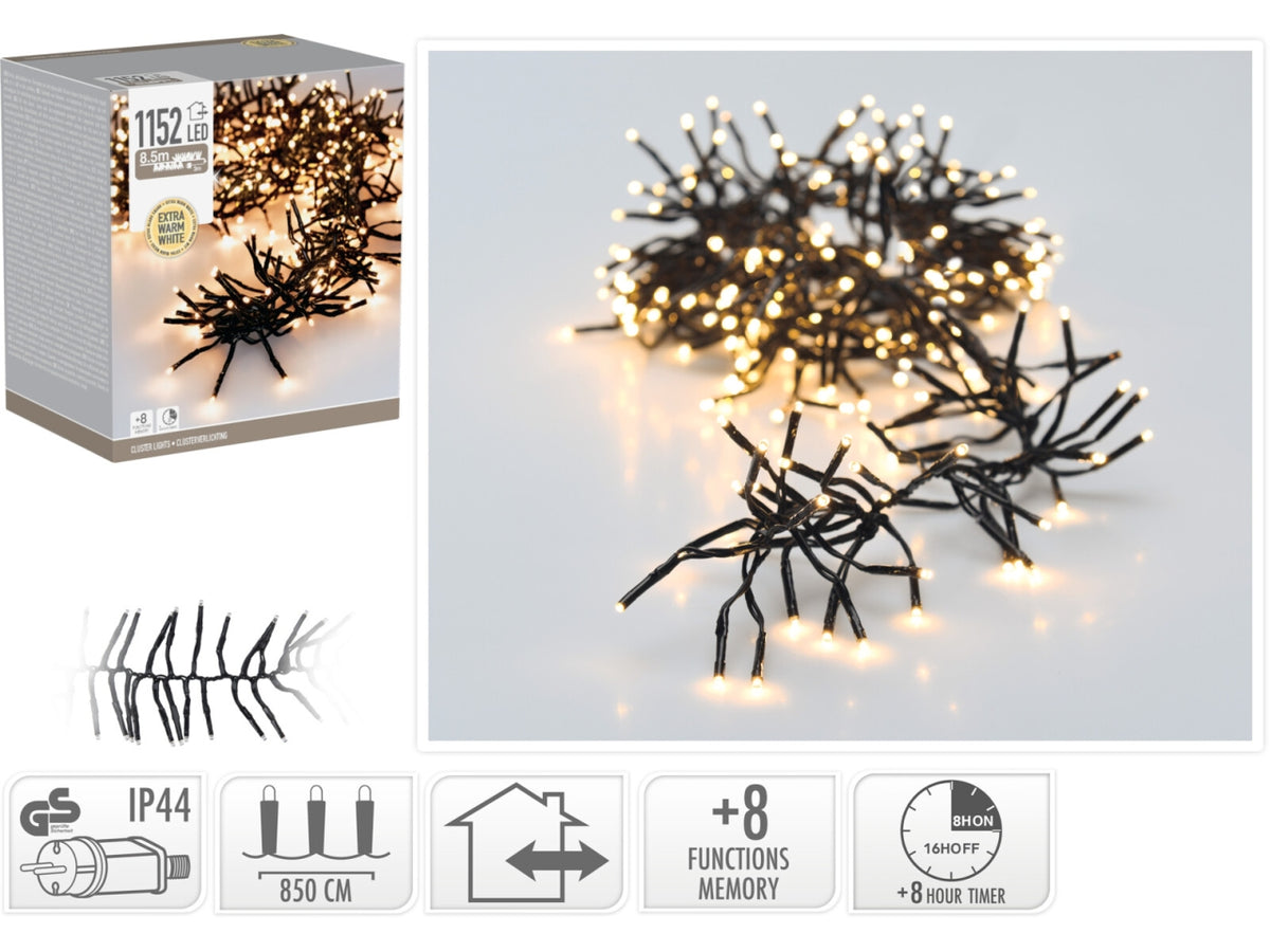 Catena luci natalizia cluster 1152led bianco extra caldo con 8 funzioni, uso interno/esterno