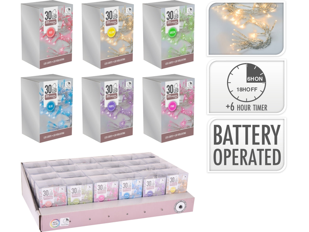 Catena luminosa 30led + timer a batteria in 6 colori assortiti