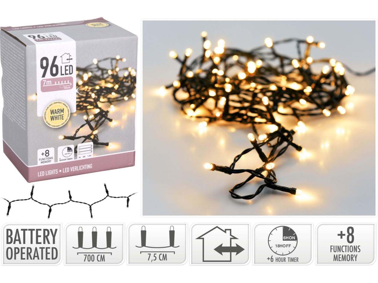 Catena di luci 96led bianco caldo a batteria con gioco di luci