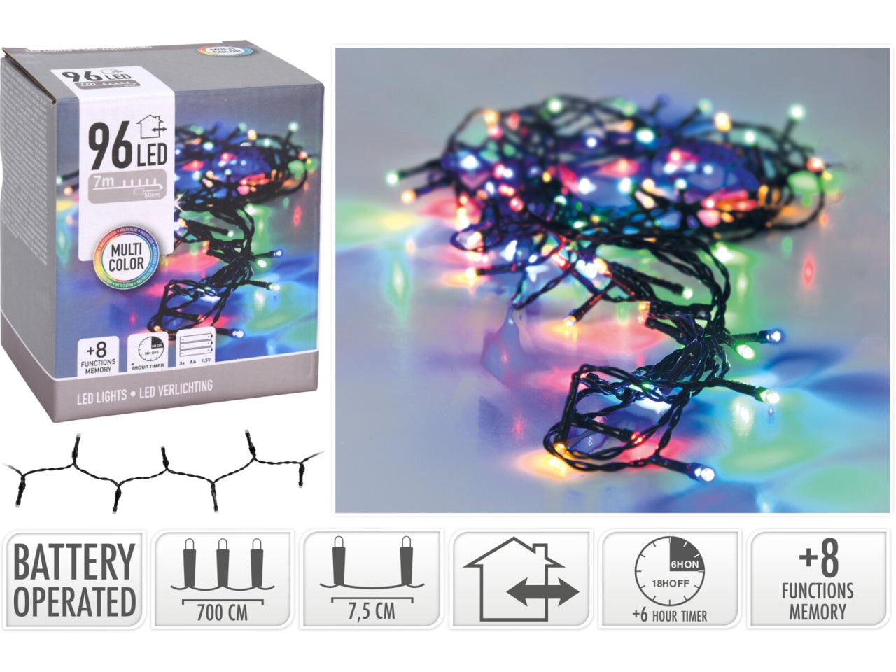 Catena di luci 96led multicolor a batteria con gioco di luci