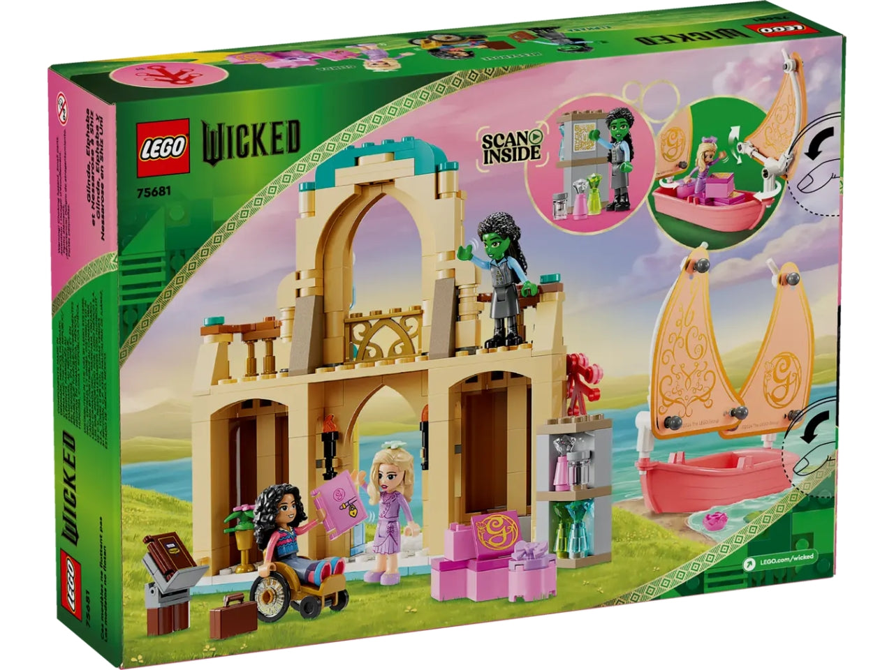 LEGO Wicked Glinda, Elphaba e Nessarose allâUniversitÃ  di Shiz, Giochi di Fantasia per Bambine e Bambini da 7 Anni con Barca, Casa delle Bambole Giocattolo e 3 Mini Bamboline, Idea Regalo 75681