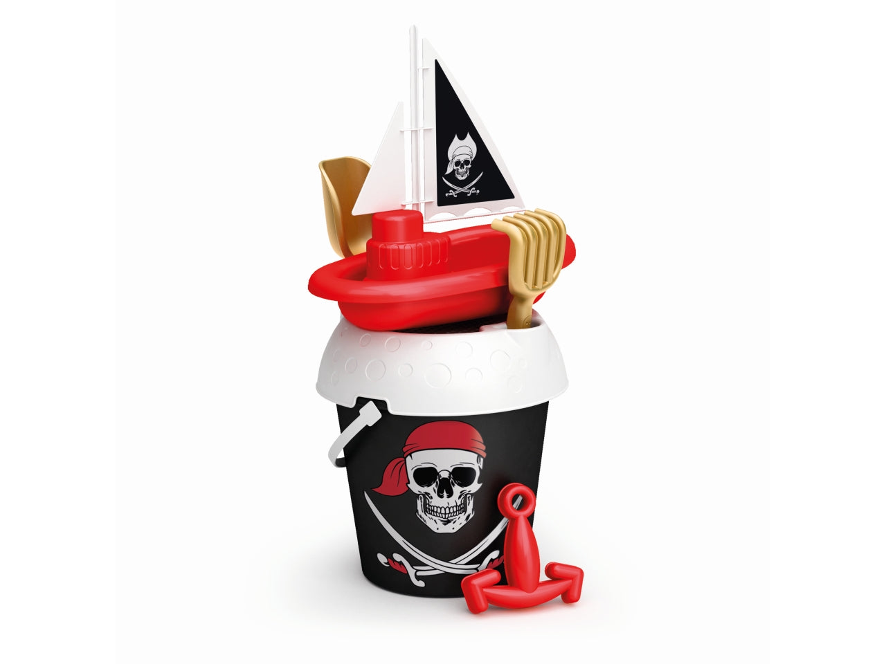 Secchiello pirata nero set spiaggia con barca a vela, rastrello e paletta in plastica multicolor - Adriatic