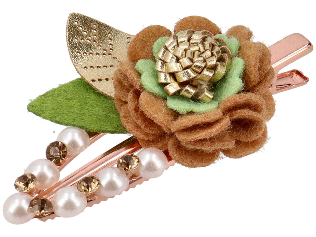 Becco con fiore, perle e strass in poliestere, metallo senza nichel