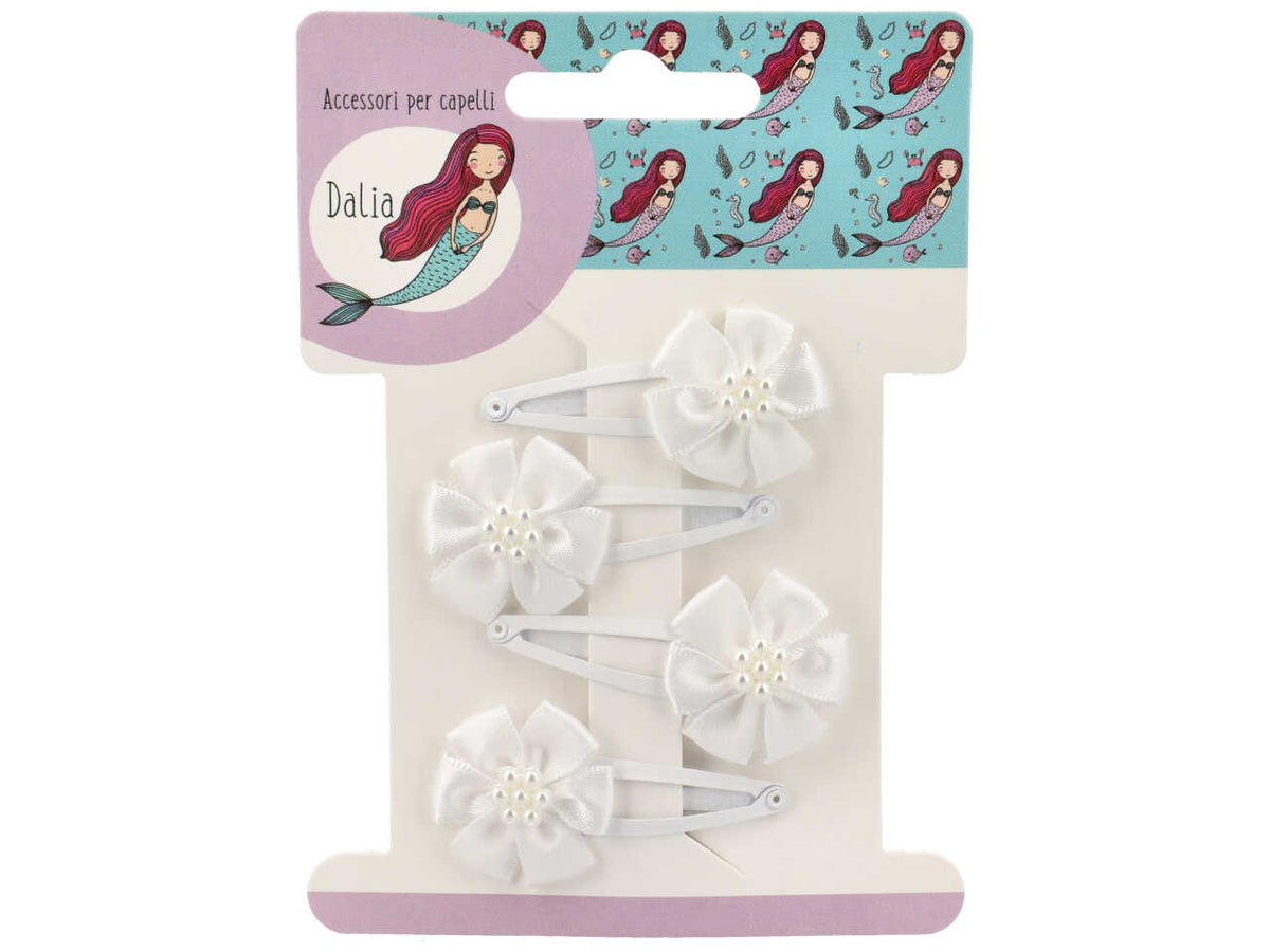 Set 4 clic clac 5cm con fiocco/perle in poliestere/metallo senza nichel