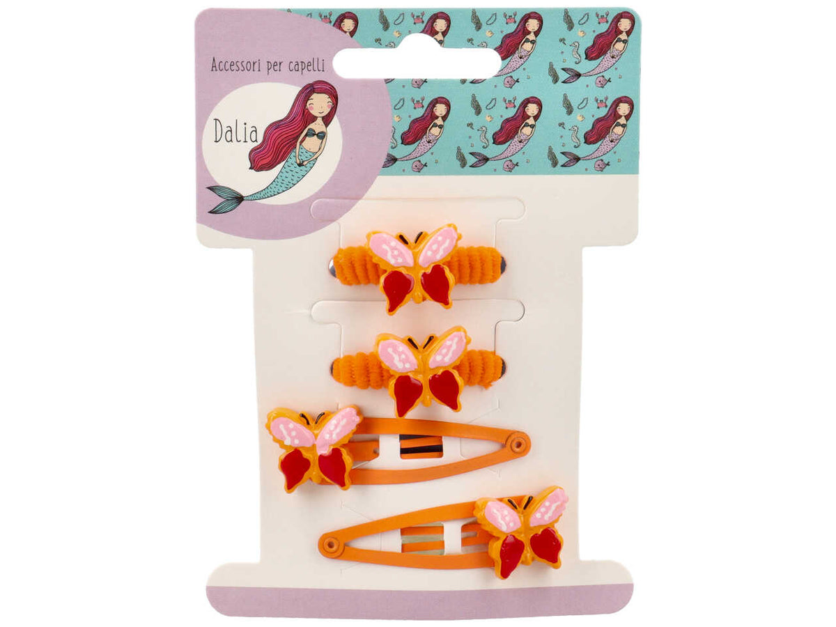 Set 2 clic clac 5cm e 2polsini con farfalla poliestere, metallo senza nichel