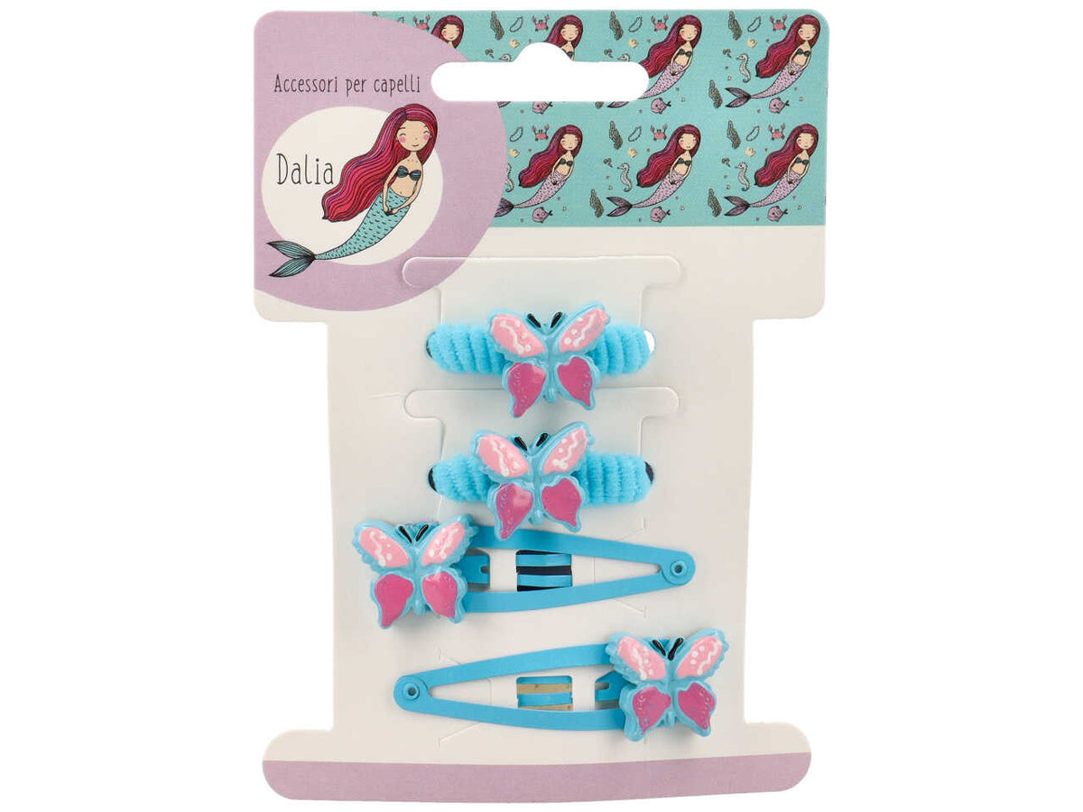 Set 2 clic clac 5cm e 2polsini con farfalla poliestere, metallo senza nichel