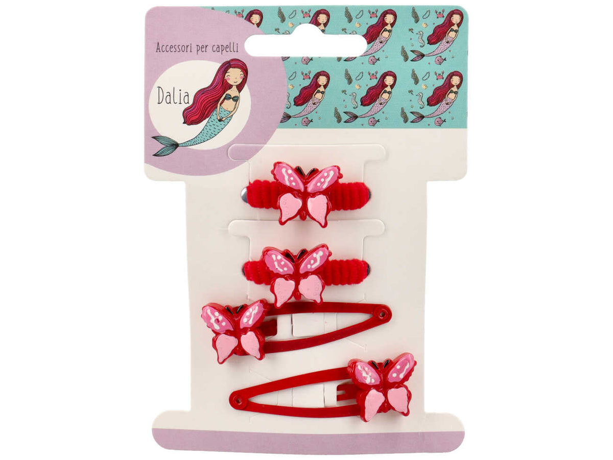 Set 2 clic clac 5cm e 2polsini con farfalla poliestere, metallo senza nichel