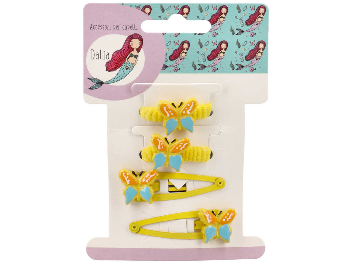 Set 2 clic clac 5cm e 2polsini con farfalla poliestere, metallo senza nichel