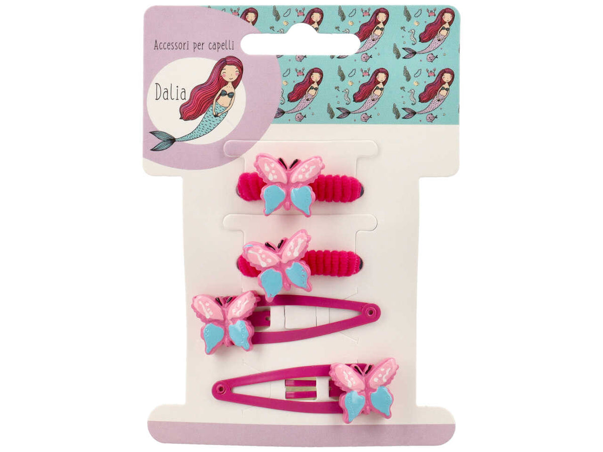 Set 2 clic clac 5cm e 2polsini con farfalla poliestere, metallo senza nichel